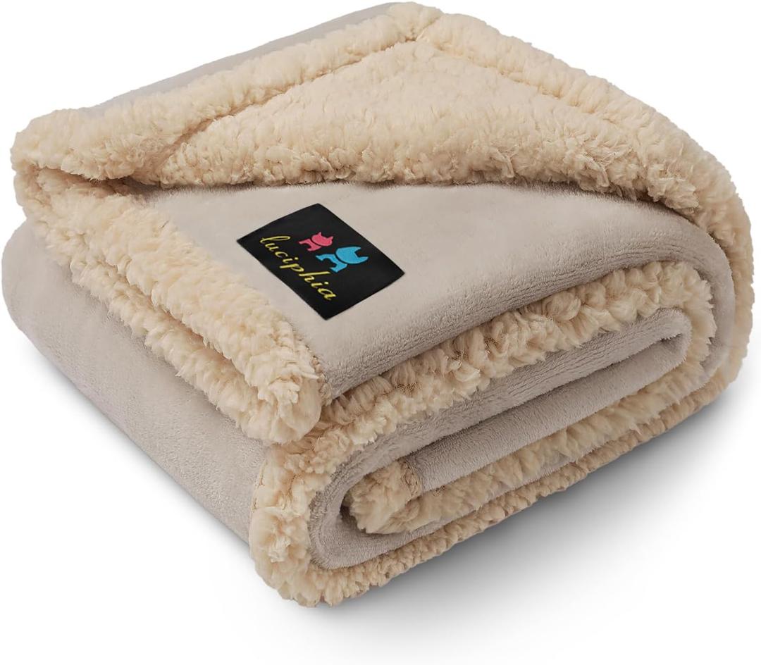 Waterproof Pet Blanket, Liquid Pee Proof Dog Blanket for Sofa Bed Couch, Reversible Sherpa Fleece Furniture Protector Cover for Small Medium Large Dogs Cats, Grey Beige Medium57" x 40"