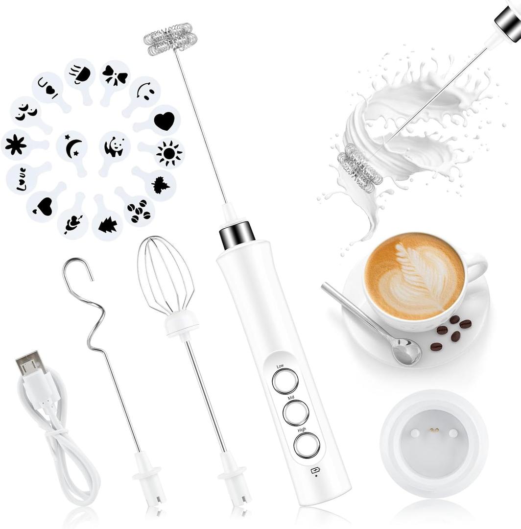 Electric Milk Frother Handheld with 3 Whisks - USB Rechargeable frother 3-Speed Adjustable Foam Maker Drink Mixer for coffee Latte Cappuccino Cake Egg Hot Chocolate (White)
