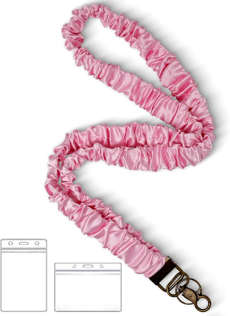 3 x Stretchy Scrunchie Lanyard for ID Badges Keys, Cute Teacher Lanyard for Women with 2 Card Holders 19.6 Inch (Pink)