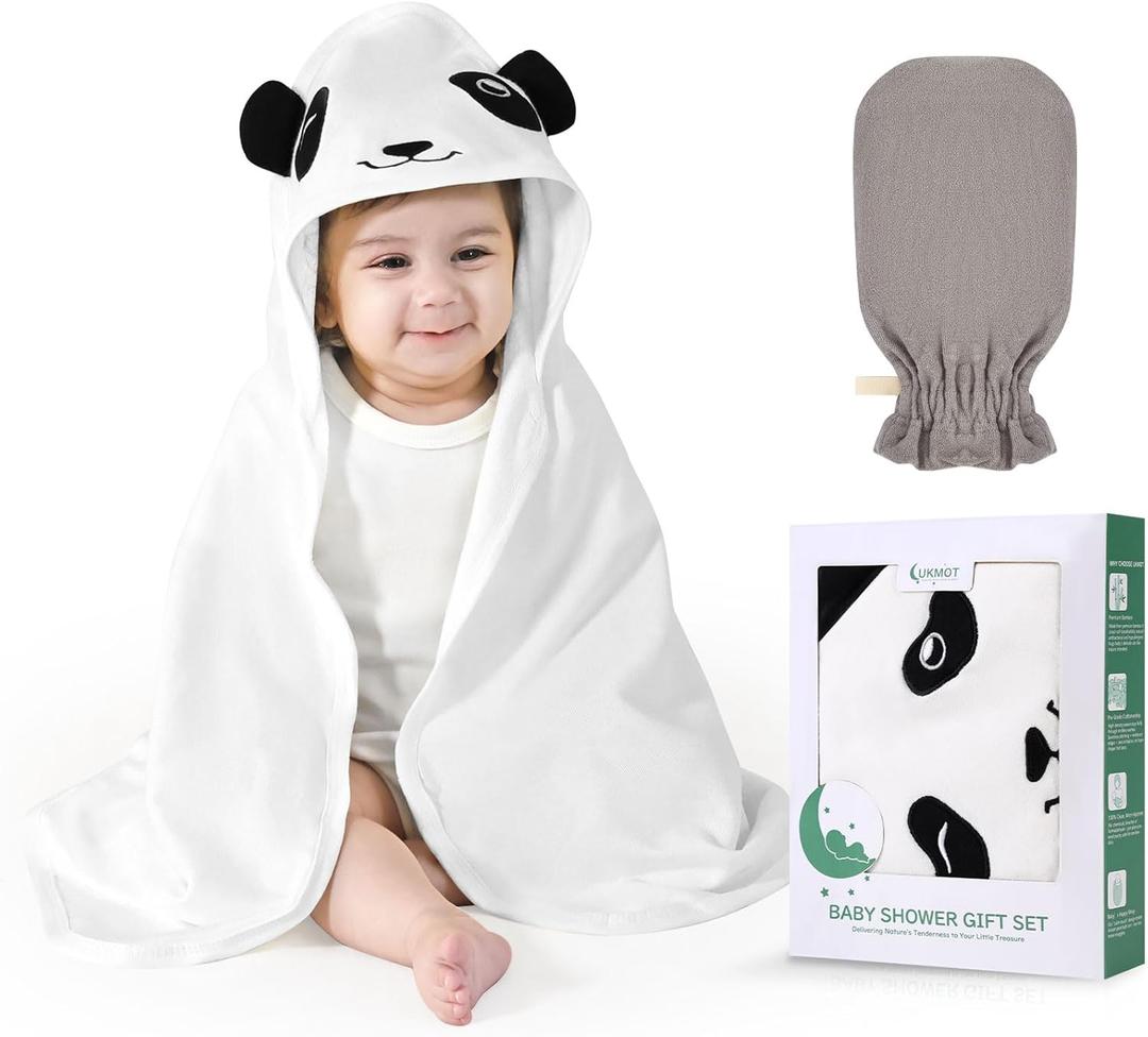 Hooded Baby Towel for Newborn - Viscose Derived from Bamboo, Toddler Bath Towel and Glove Set Perfect Shower Gifts for Boys and Girls, 28"x28" Inch (Panda)