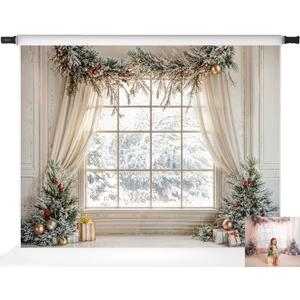 Kate Christmas Tree Window White Curtains Snow Gift Backdrop Photo Background Studio Props,7x5ft