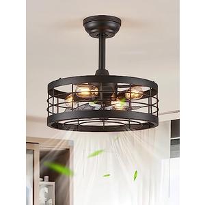 LEDIARY 16.5 inch Black Caged Ceiling Fan with Light, Fandelier Industrial Ceiling Fan with Remote, Farmhouse Fan Lights Ceiling Fixtures for Kitchen, Bedroom, Outdoor（6 Speed, Timing）-Black