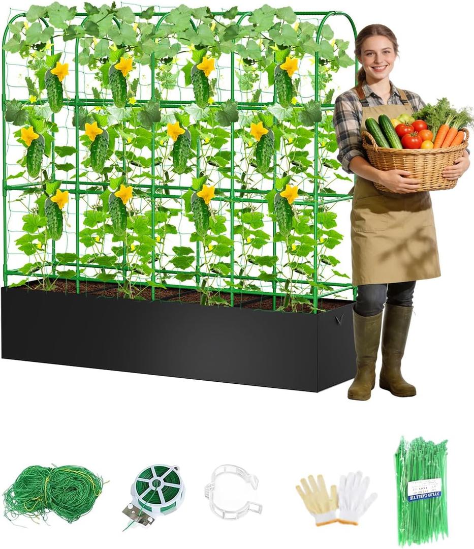Cucumber Trellis with for Climbing Plants, A-Shape Garden Trellis with Grow Bags, Metal Plant Trellis with Garden Netting for Vegetables Flowers Fruits (U-5 Arches)