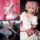 Half and Half Mado-ka Cosplay Wig Pink Anime Ponytail Wigs with Bangs Short Light Pink Cute Lolita Twin Tails Wig for Women Halloween Party Costumes