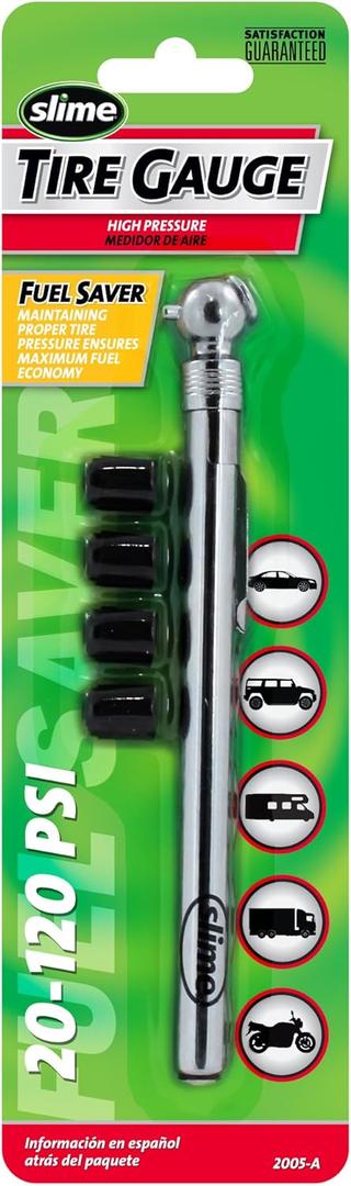 Slime 2005-A Pencil Tire Gauge with Bonus Caps, 20-120 PSI