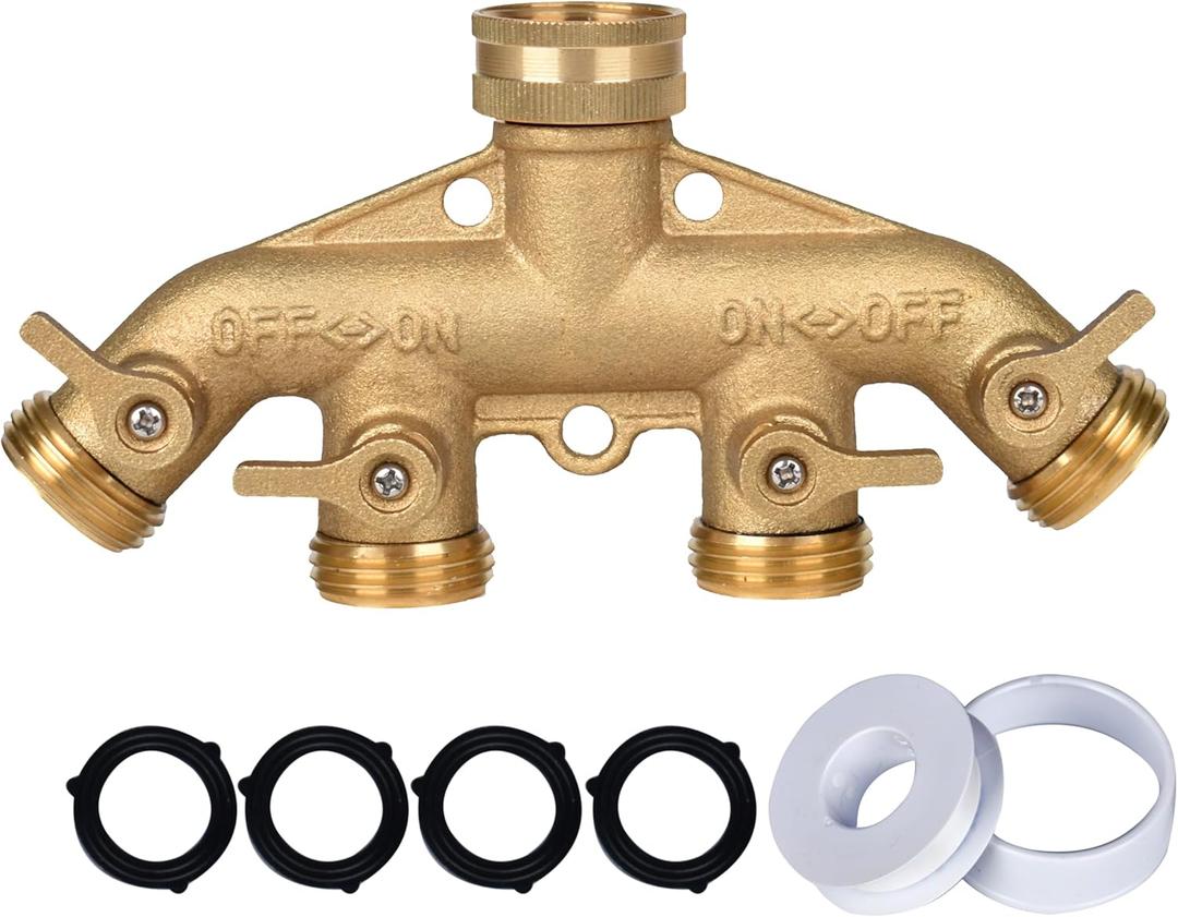 HEAVY DUTY Brass 4 Way Faucet Splitter, 4 Port Manifold, 4-Way Garden Hose Splitter, 3/4" Heavy-Duty Spigot Adapter with Ergonomic Solid Brass Shutoff Levers, Individual Shutoff Valves, Leak-Resistant