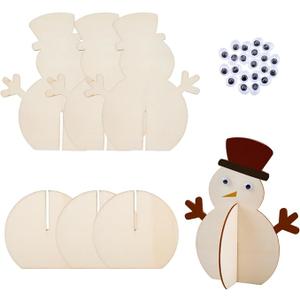 6Pcs Unfinished Wood Snowman DIY Wooden Christmas Kits with Eyes Cabochons Blank Slotted 3D Winter Small Figures Slice Ornaments Centerpieces for Christmas Desk Table Tabletop Mantel shelf