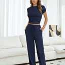 COPYLEAF Two Piece Lounge Sets for Women Wide Leg Drawstring Sweatpants Crop Top Matching Travel Outfits