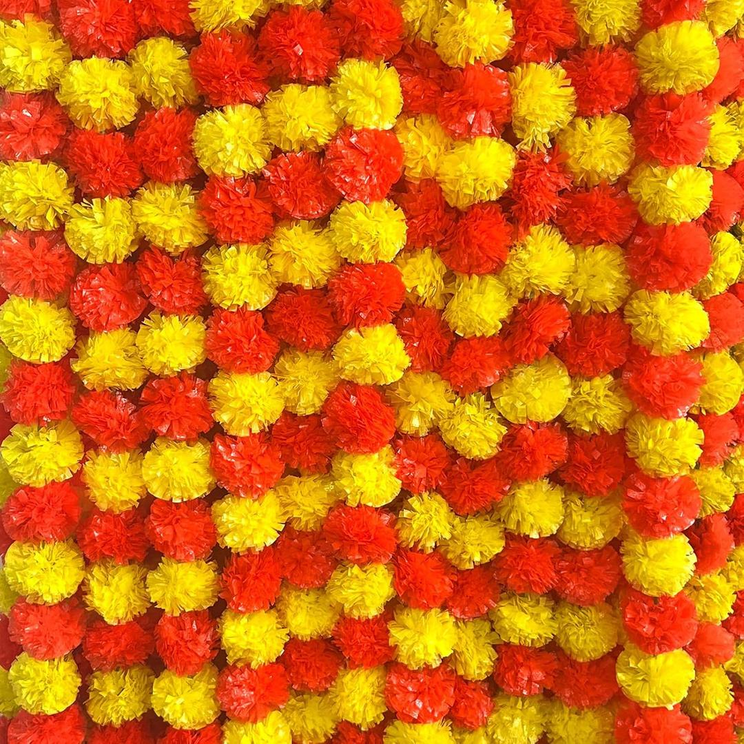 Marigold Garland for Decoration 10 Pcs of 5 Feet Artificial Marigold Flowers for Indian Pooja Diwali Wedding Mantel Decoration (Yellow Red)