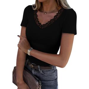 Women Short Sleeve Lace V Neck Shirts Ribbed Knit Fitted Basic Tee Tops Business Dressy Casual Summer Blouses T-Shirt (Small, Black)