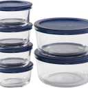 Anchor Hocking 12 Piece Glass Storage Containers with Lids (6 Glass Food Storage Containers & 6 Navy Blue SnugFit Lids)