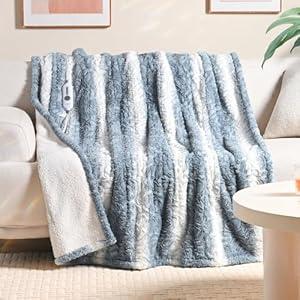 WOOMER Heated Blanket King Size 100" x 90", Electric Blanket with Dual Controls, 0.5-12 Hours Timer & 10 Heating Levels, ETL Certified, White Rose Patterns Faux Fur & Sherpa, Machine Washable