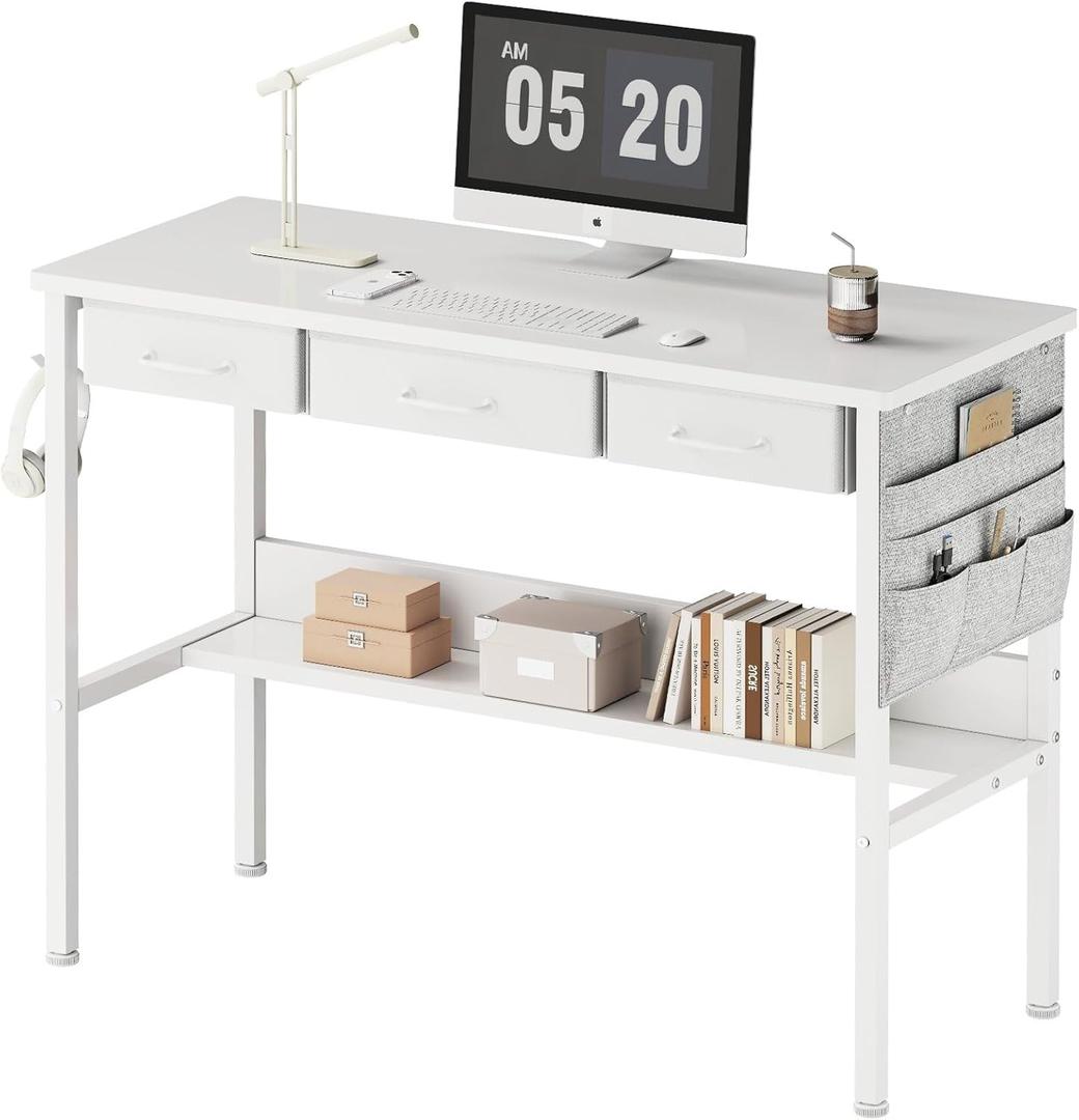 Small Desk with Drawers for Bedroom, Small Vanity Desk Without Mirror, 39.5inch, Writing Desk with Bookshelf, Computer Desk with Storage Drawers, Vanity Table no Mirror White (Width 39", White)