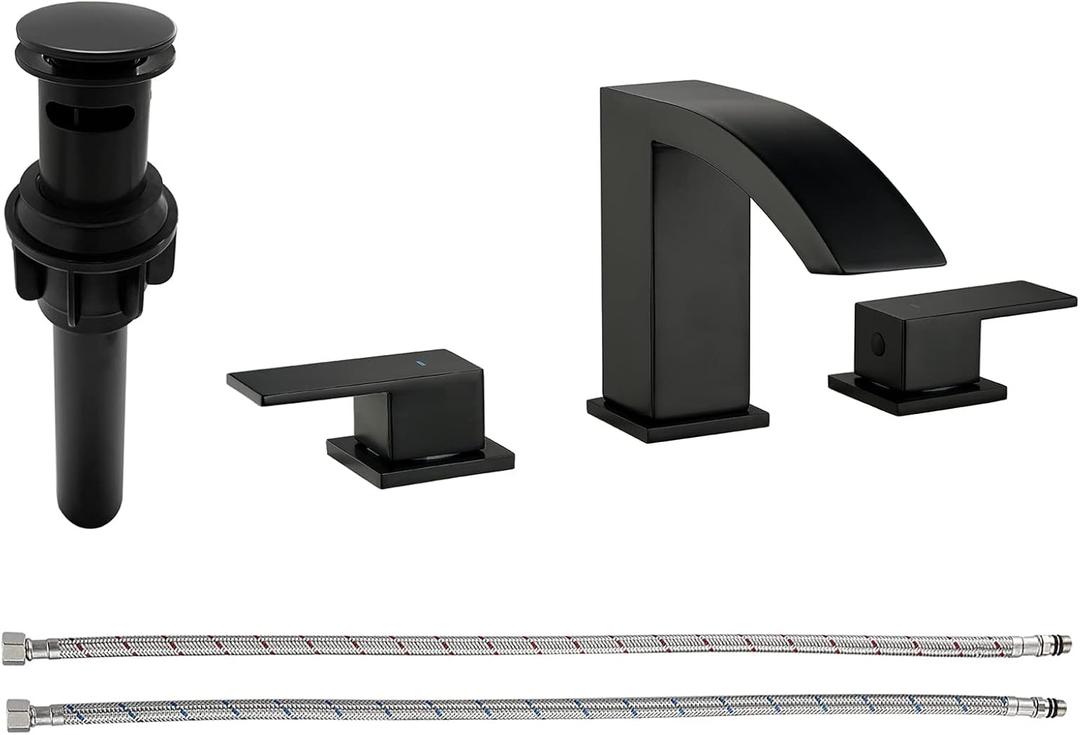 Matte Black Bathroom Faucets for Sink 3 Hole Widespread Waterfall Vanity Faucets Basin Faucet with Pop-Up Drain 8 inch Bathroom Lavatory Faucet
