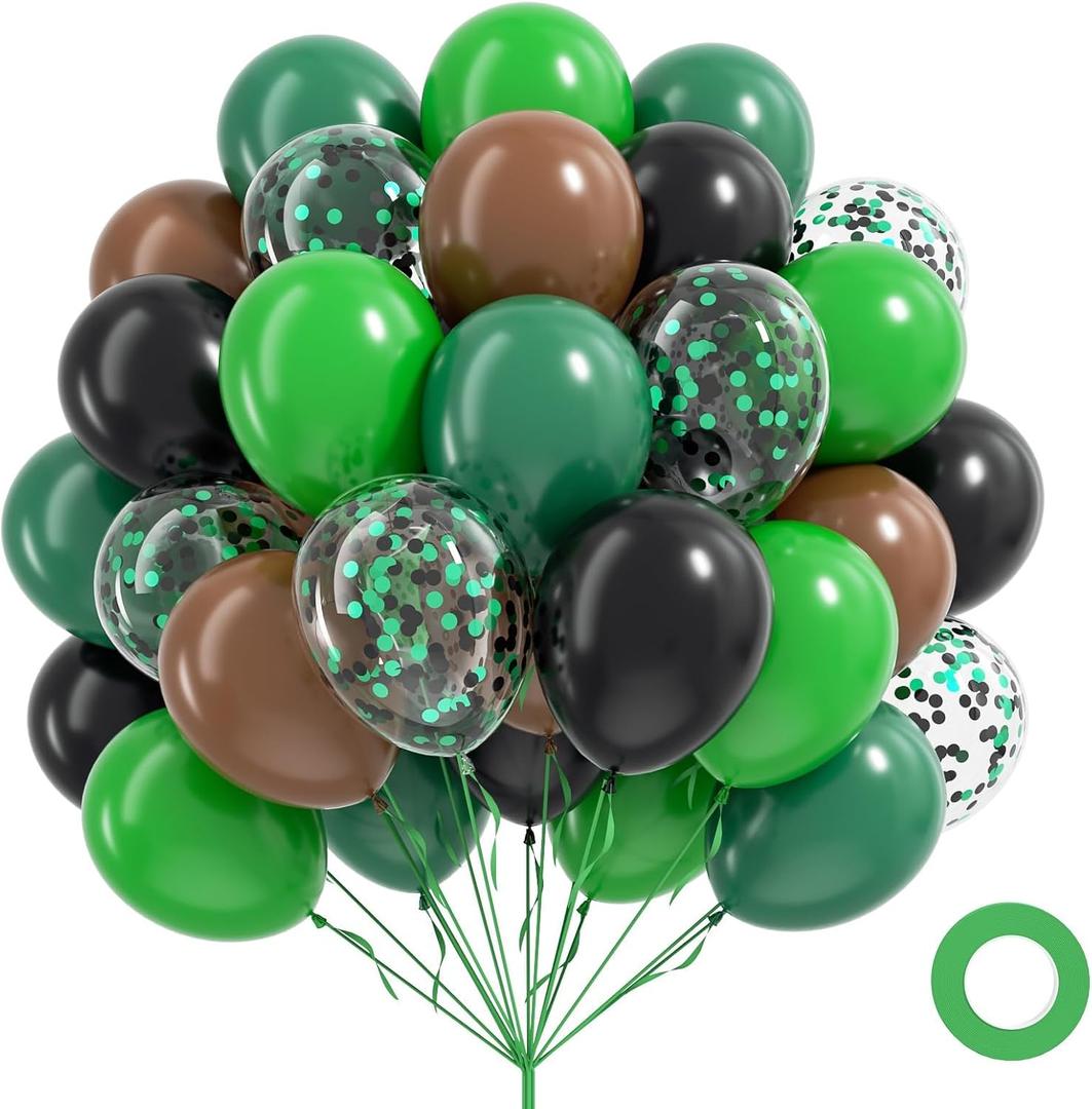 60pcs Green and Brown Balloons 12inch with Brown Black Dark Green Confetti Balloons for Video Game Theme Baby Shower Birthday Party Decorations
