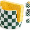 Zoeeker Ceramic Kitchen Sponge Holder, Dish Sponge Holder Suitable for Scrubby Farmhouse Dish Rack Brush Holder for Christmas Bathroom, Kitchen, Sink, Green and White (Cylindrical)