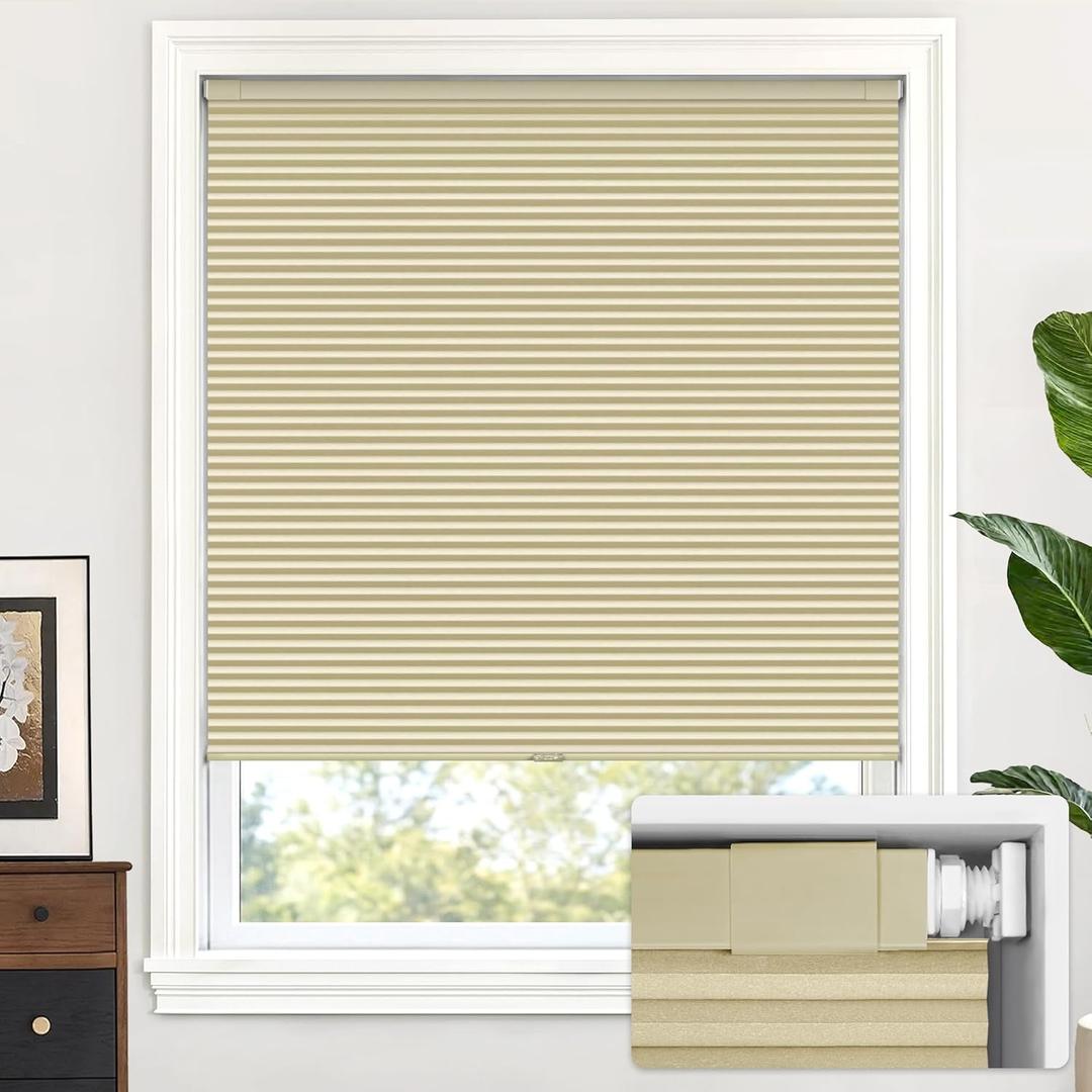 LazBlinds Cordless Cellular Shades, No Tools No Drill Blackout Honeycomb Shades Pleated Blinds for Windows, 44.5'' W x 48'' H, Soft Cream