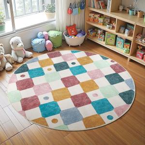 jinchan Macy 5ft Round Rug for Kids Room Modern Colorful Checkered Diamond Nursery Rug Indoor Washable Soft Non Slip Carpet for Playroom Classroom Bedroom Dorm Daycare Living Room Confetti on Cream