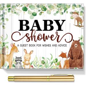 Fuyoooo 27 Pcs Woodland Animal Baby Shower Guest Book Set Baby Shower Sign in Guest Floral Book Place Table Cards with Gold Pen Adhesive Photo Corner for Birthday Party