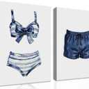 Blue White Swimsuit Canvas Wall Art, Beach House Wall Decor, Vintage Painted Swimsuit Artwork, Coastal Lake House Picture Painting Print for Girls Room Bedroom 12x16 inch Framed (24L" x 16W")