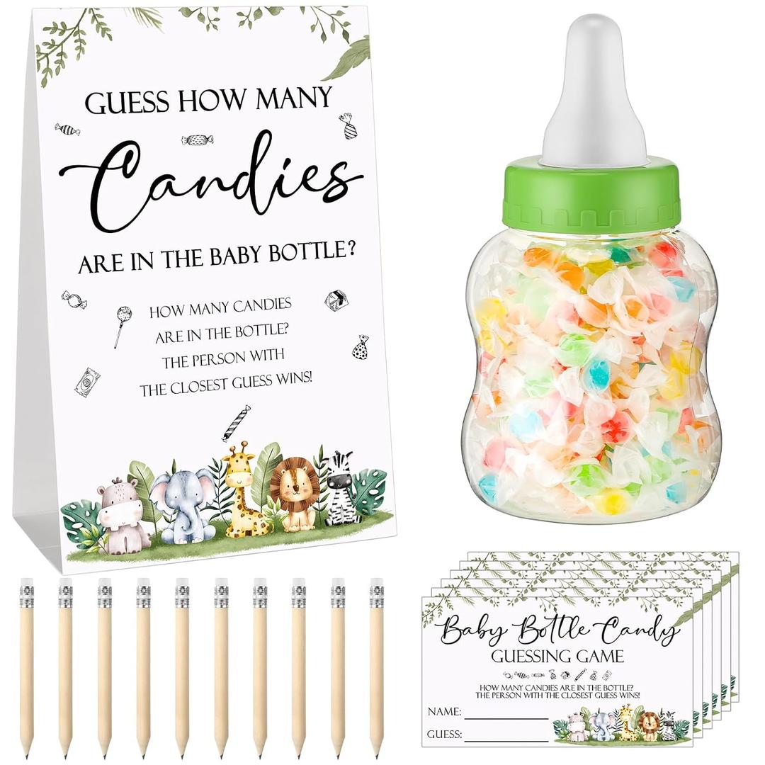 Roowest 62 Pcs Baby Shower Games Guess How Many Candies Are in the Jar Sign 50 Small Guessing Games 10 HB Pencils and 1000 ml Milk Bottle for Baby Shower Gender Reveal Party(Cute Color,Animal)