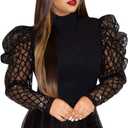acelyn Women's Elegant Sequin Mesh Sheer Puff Long Sleeve Mock Neck Slim Fit Party Blouse Shirt Top (3X-Large, Black)
