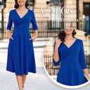 Bbonlinedress Midi Cocktail Dress Formal Wedding Guest 3/4 Sleeve Church V-Neck Work A-Line Swing Tea Party Dress (Blue, L)