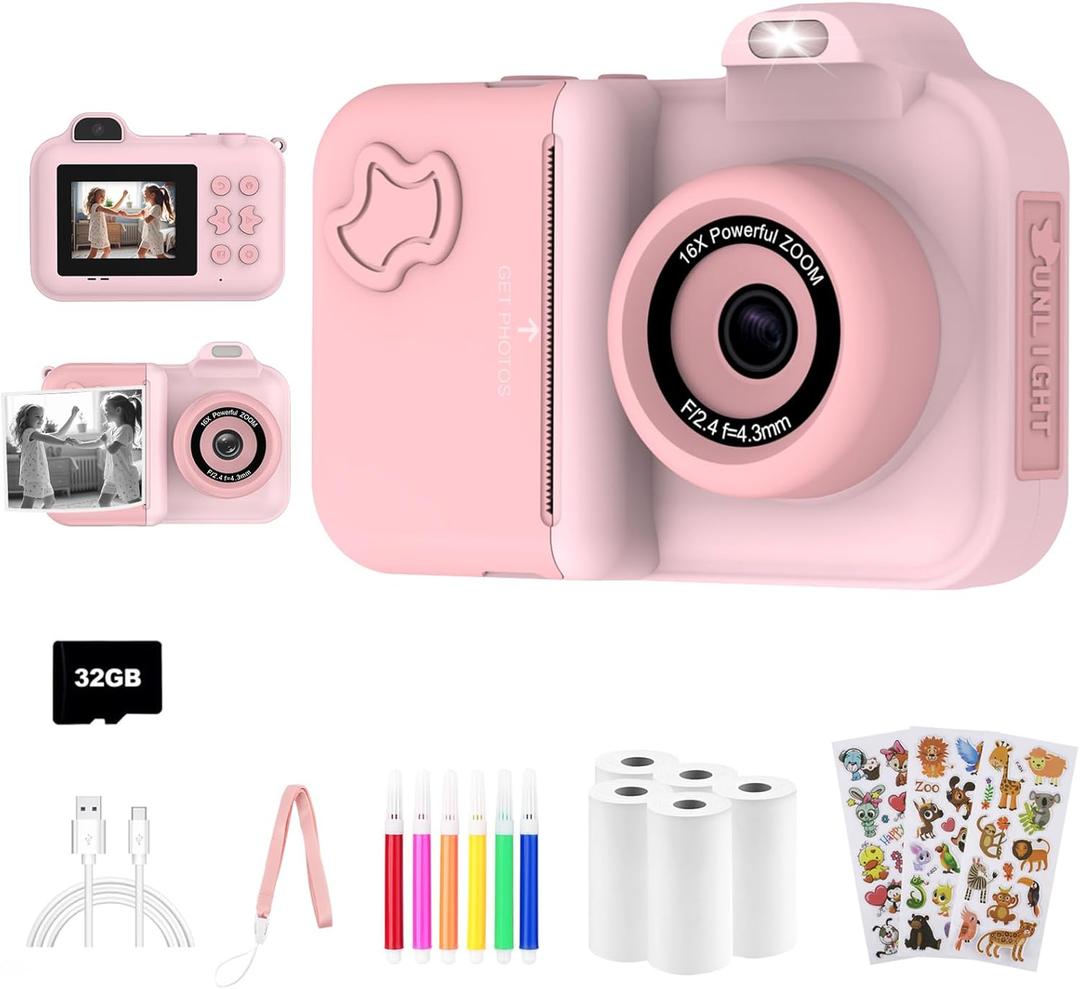 Kids Camera Instant Print, Christmas Birthday Gifts Toys for Girls Boys Age 4 5 6 7 8 9 10 11 12 Years Old,1080P HD Dual Lens Selfie Digital Camera with 5 Rolls Print Paper Stickers Pens 32G Card (Pink)