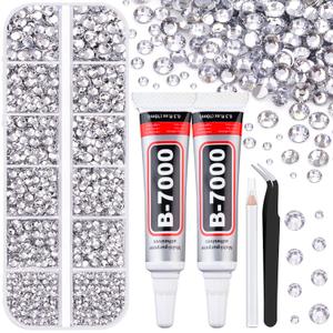 6100Pcs Resin Rhinestones for Crafting with 2Pcs 10ml B7000 Jewelry Glue, 1 Box Flatback Crystals Diamond (Clear) for Bedazzling Crafts DIY Nail Art Non Hotfix Gems for Clothing Shoes Tumblers