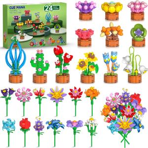 24 Pack Valentines Day Flowers Party Favors for Kids Building Set - 827PCS Botanicals Succulent 3.6MM Mini Building Blocks Toy for Classroom Prizes Birthday Valentines Day Gift for Kids Girls Boys 6+