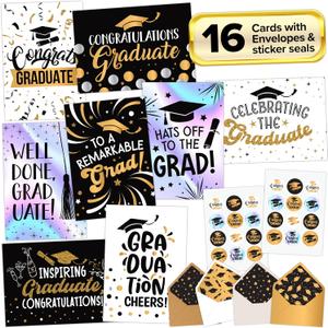 Decorably 16 Pack Foiled, Glittery, & Holographic 5x7in Graduation Cards Pack with Envelopes & Stickers, 8 Elegant Designs for Elementary, High School, College, with Printed Message, Gifting & Mailing