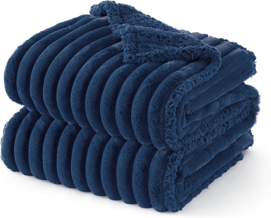 Bedsure ComfyFleece Waterproof Dog Blankets for Large Dogs - Soft Pet Cat Blanket Corduroy Fleece for Bed Protector Washable, Cozy Calming Reversible Furniture Protection,60"x80", Navy Blue (Twin(60x80")-1pc)