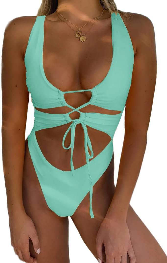 CHYRII Women's Sexy Cutout Lace Up Backless High Cut One Piece Swimsuit Monokini (Medium)