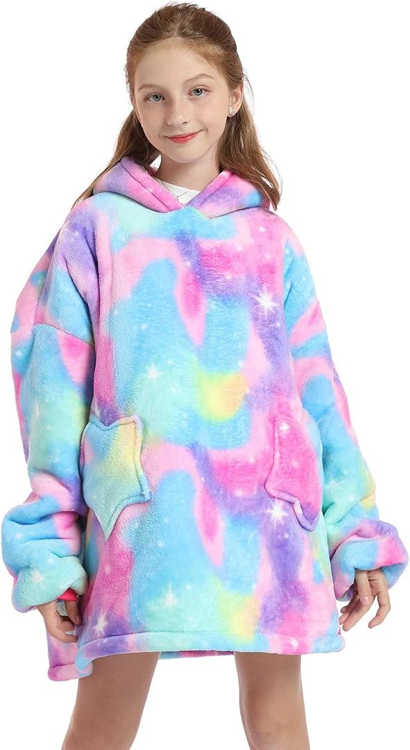 Wearable Blanket Hoodie for Kids 4-12YR Oversized Hooded Blanket Super Soft Comfortable Warm Flannel Colorful