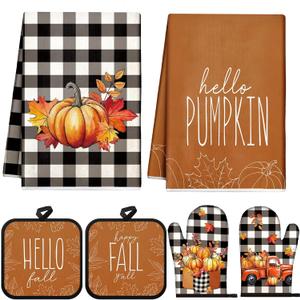 6 Pcs Thanksgiving Kitchen Towels Pot Holders and Oven Mitts Set Including 2 Pumpkin Dish Hand Towels 2 Thanksgiving Square Potholders 2 Heat Resistant Gloves for Cooking Baking Gift Home