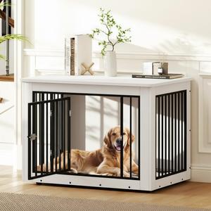 DWVO Dog Crate Furniture, 38 Inch Dog Kennel Indoor Furniture End Table for Dogs, Farmhouse Decorative Wooden Cage, Chew-Resistant, White (38.19"L x 24.01"W x 26.77"H)