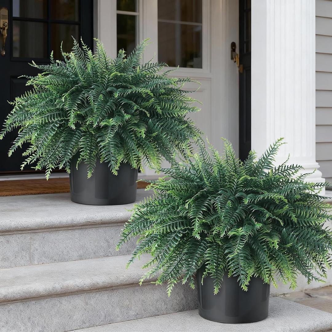 FOTEEWL Artificial Ferns Potted Plant for Front Door Decoration - 2 Sets UV Resistant Realistic Bush Faux Greenery Fern Potted Fake Plants for Home Garden Porch Farmhouse Decor