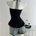 Milumia Women's Sexy Ring Decor Halter Top Sleeveless Ruffle Hem Summer Casual Cami Tops (Black, S)