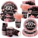 250PCS 60th Birthday Party Decorations for 50 Guests Black and Rose Gold Party Supplies for Women Include Disposable Paper Plates, Napkins, Cups, and Disposable Plastic Cutlery (60)