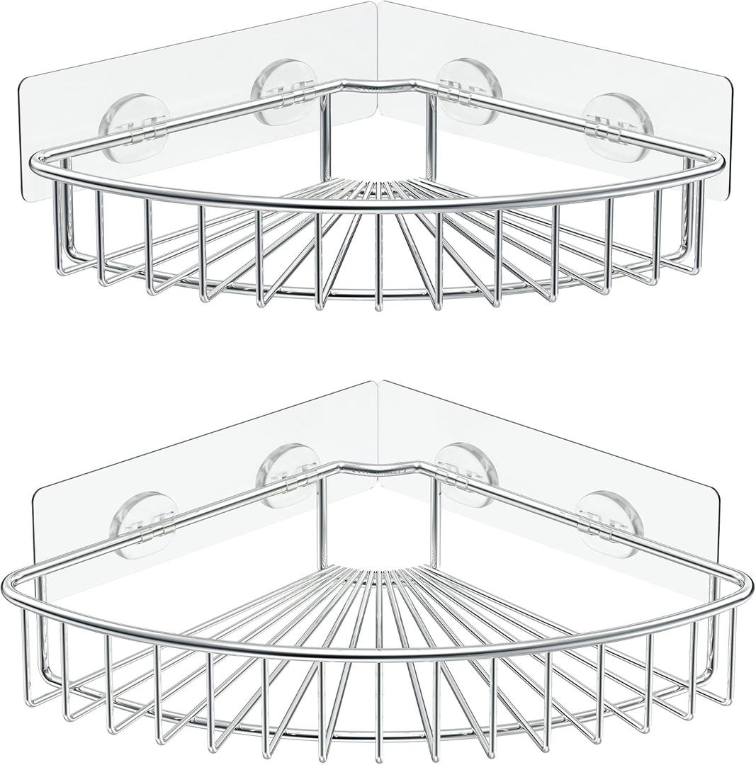 SMARTAKE 2-Pack Corner Shower Caddy, SUS304 Stainless Steel, Wall Mounted Bathroom Shelf with Adhesive, Storage Organizer for Toilet, Dorm and Kitchen (Silver)