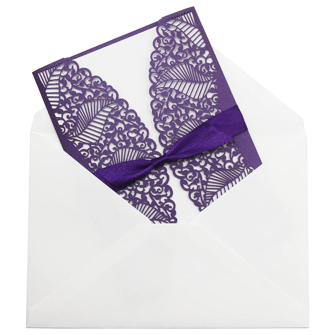 Laser Cut Lace Wedding Invitations Card Kits with Envelopes Blank Inner Sheet Ribbon Bow for Anniversary Invite Marriage Bridal Shower Engagements Sweet 21 Birthday and Graduation Party 20pcs (Purple