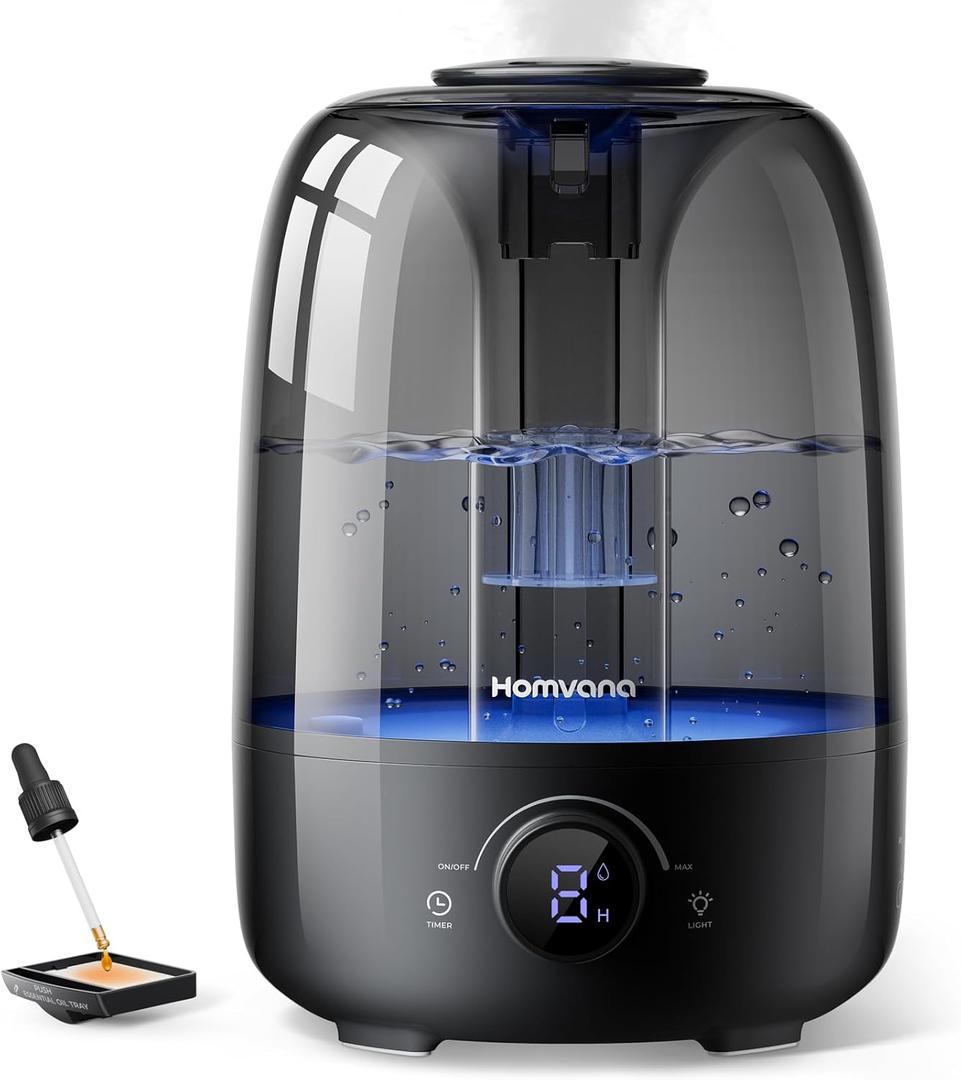 Homvana Humidifiers for Bedroom Diffusers - Top Fill 3.5L Cool Mist Humidifier Large Room, 40H Runtime Diffusers for Home, Air Humidifier for Plants, Baby Nursery, Essential Oil Diffusers (Black)