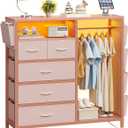 Dresser with Clothes Rack, 5 Drawer Chest with Charging Station & LED, 20.5"D x 43.3"W x 42.9"H