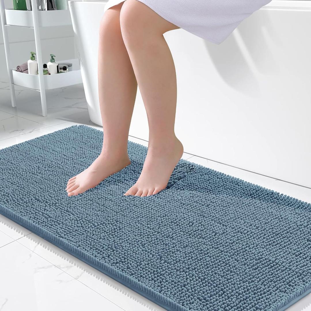 OLANLY Bathroom Rugs 47x24, Extra Soft Absorbent Chenille Bath Rugs, Rubber Backing Quick Dry, Machine Washable Bath Mats for Bathroom Floor, Tub and Shower, Home Decor Accessories, Airy Blue