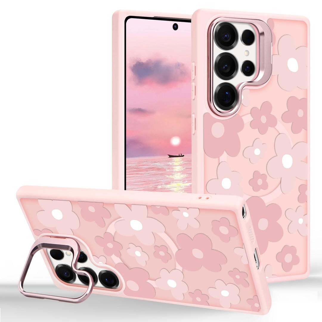casesszoone for Samsung Galaxy S25 Ultra Flower Case with Kickstand, Compatible with MagSafe, Built-in Camera Ring Stand, Magnetic Translucent Matte Frosted Slim Cover for Girls Women, Pink Floral