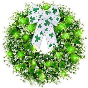 Sggvecsy 17.7 St. Patrick's Day Shamrocks Wreath for Front Door with 30 Green Lights Artificial Greenery Clover Wreath for Irish St. Patrick's Day Decoration Wall Window Indoor Outdoor Home Decor