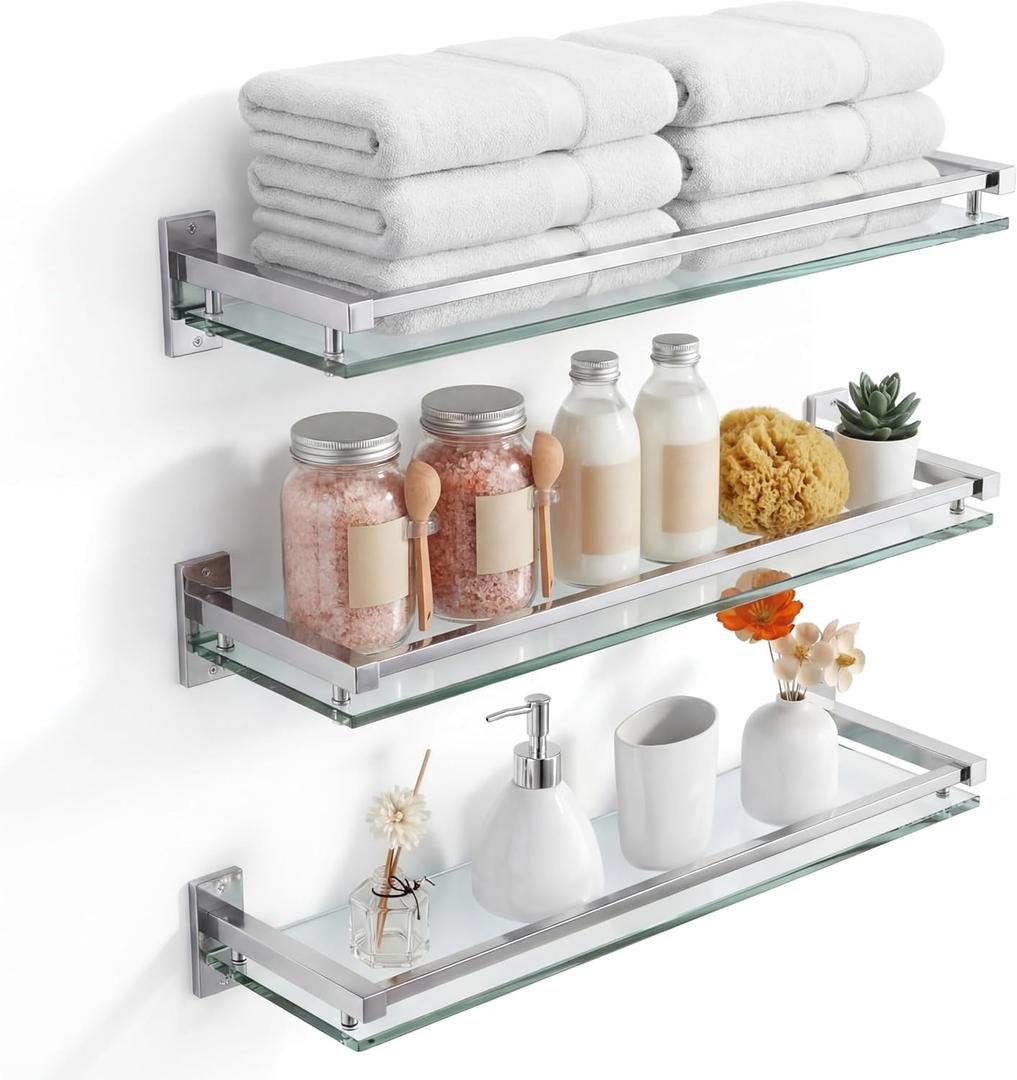 3 Pack 20 Inch Glass Bathroom Shelves for Wall, Wall Mount Glass Shelves with Stainless Steel Rail, Modern Floating Bathroom Shelf Organizer, Rectangular Room Decor for Sink, Over Toilet