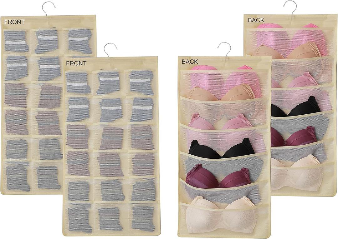 2Pcs Hanging Mesh Pockets Dual-Sided Closet Organizer for Underwear,Bra,Socks,Accessories with Hanger,Total 48 Pockets Beige