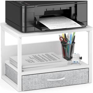 MARTY Printer Stand with Storage Drawer for Desk, 2-Tier Desktop Printer Stand Shelf Organzier for Home Office Printer Riser Under Desk Small Printer Table for Fax Machine Copier Scanner (White)