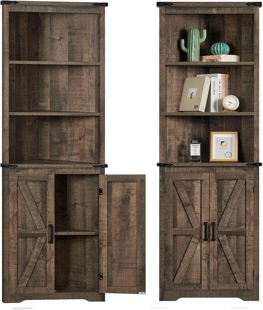 Farmhouse Corner Cabinet, 70" H Tall Corner Hutch with 5 Shelves & 2 Barn Doors, Storage Cabinet with Adjustable Shelf, for Living Room, Kitchen, Bathroom, Antique Oak
